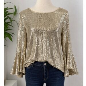 Vince Camuto Womens Blouse Gold Sequin Tiered Bell Sleeve Glam L
